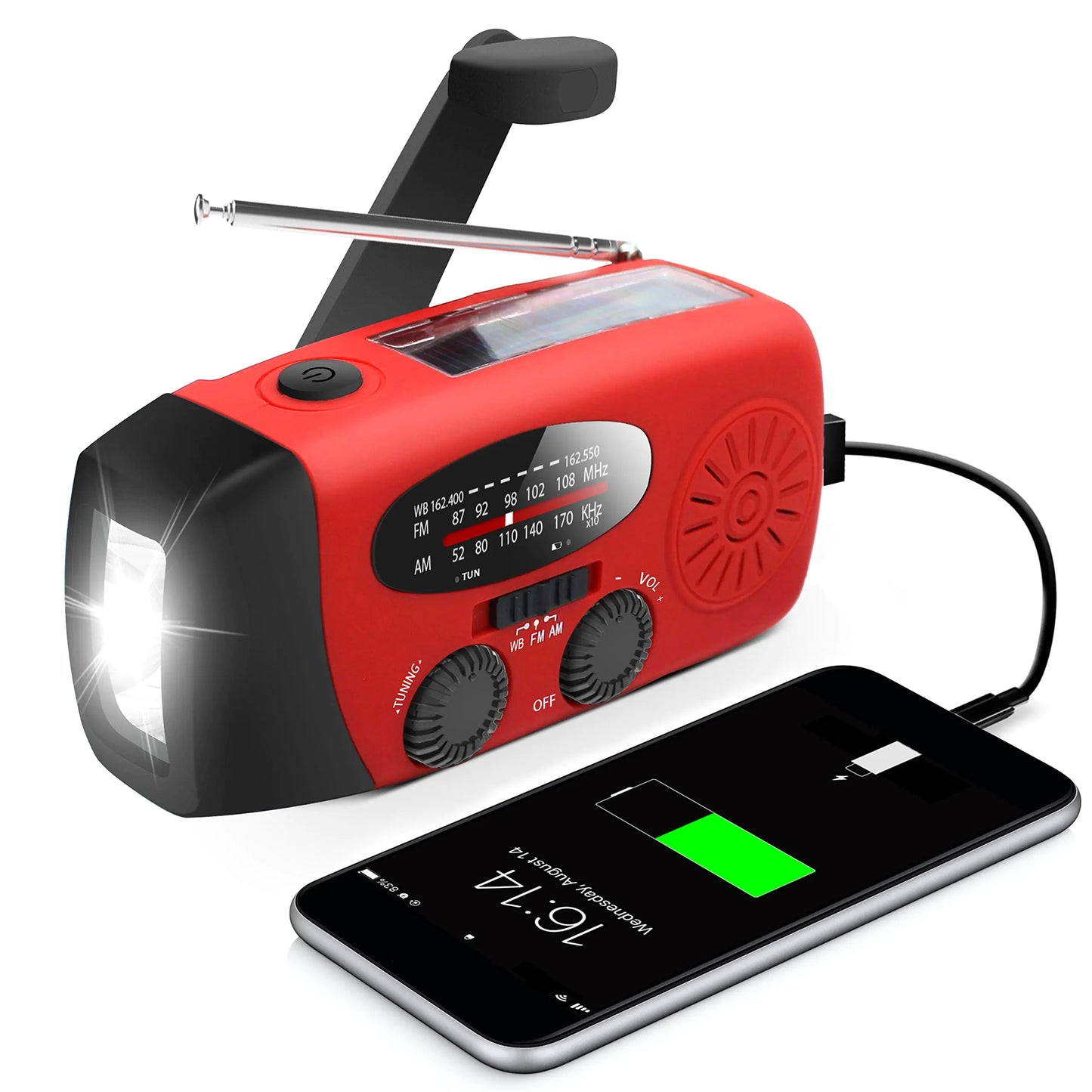 Noodradio met handzwengel en LED-zaklamp voor noodgevallen, draagbare AM/FM NOAA-weerradio met 2000 mAh powerbank, telefoonoplader, USB-oplaadbaar en op zonne-energie voor noodgevallen op de camping.