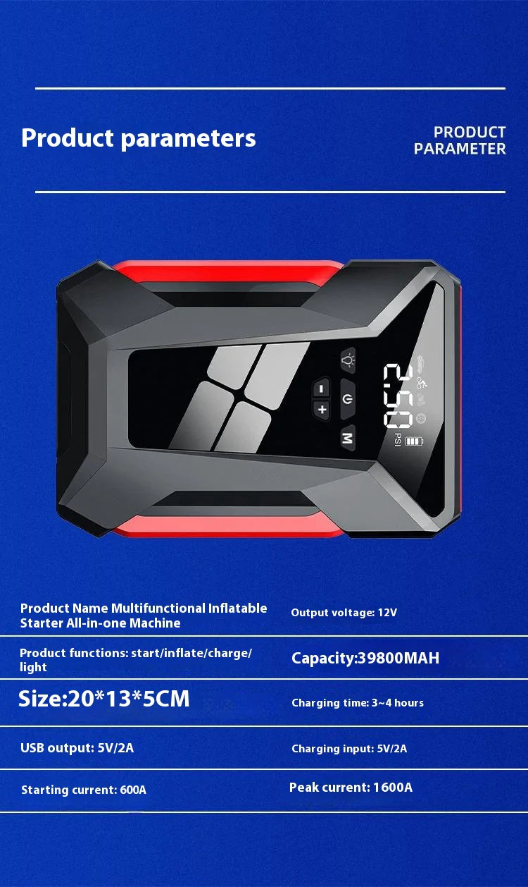 Alles-in-één 12V noodstroombank voor in de auto en opblaasbare starter