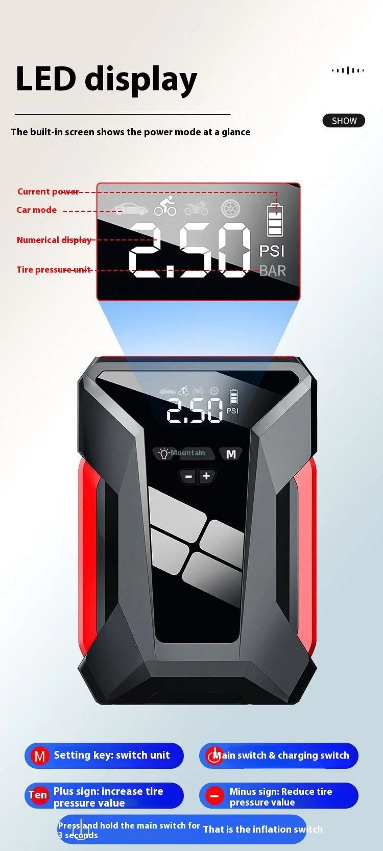 Alles-in-één 12V noodstroombank voor in de auto en opblaasbare starter